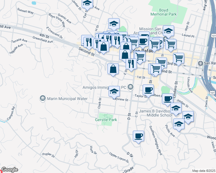 map of restaurants, bars, coffee shops, grocery stores, and more near 124 Ross Street in San Rafael