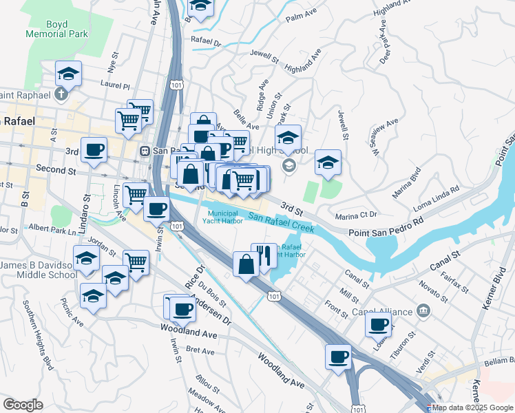 map of restaurants, bars, coffee shops, grocery stores, and more near 239 3rd Street in San Rafael