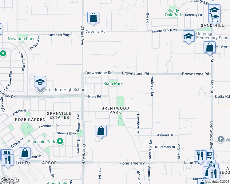 map of restaurants, bars, coffee shops, grocery stores, and more near 405 Silverspur Lane in Oakley