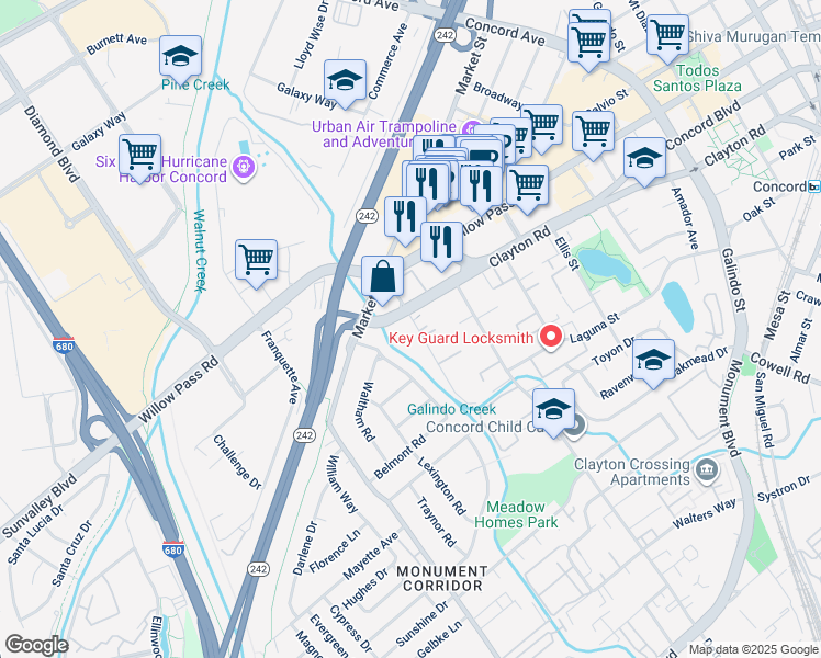 map of restaurants, bars, coffee shops, grocery stores, and more near 1731 Pine Street in Concord