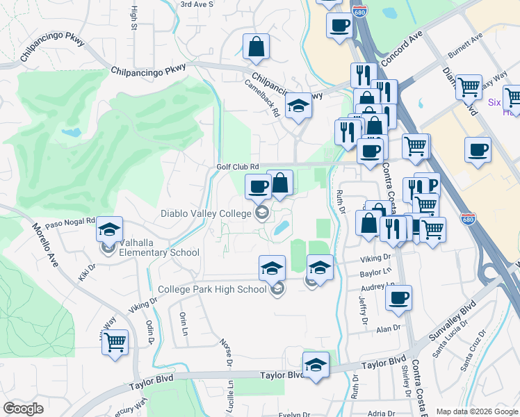 map of restaurants, bars, coffee shops, grocery stores, and more near 321 Golf Club Road in Pleasant Hill