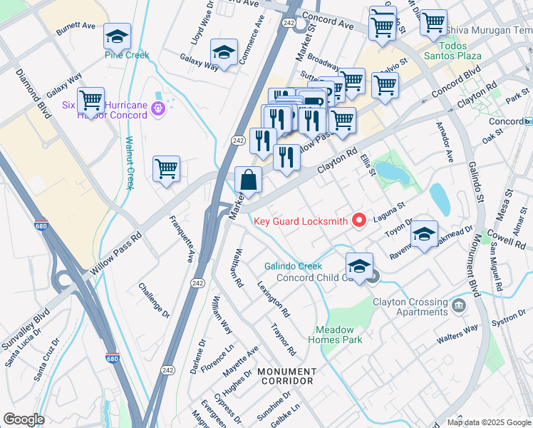 map of restaurants, bars, coffee shops, grocery stores, and more near 1731 Pine Street in Concord