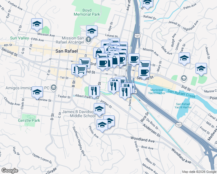 map of restaurants, bars, coffee shops, grocery stores, and more near 781 Lincoln Avenue in San Rafael