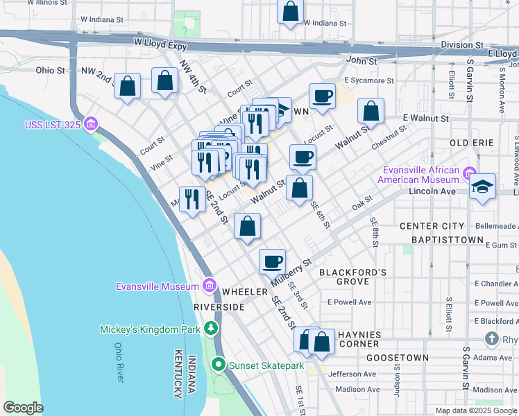map of restaurants, bars, coffee shops, grocery stores, and more near 211 Southeast 4th Street in Evansville