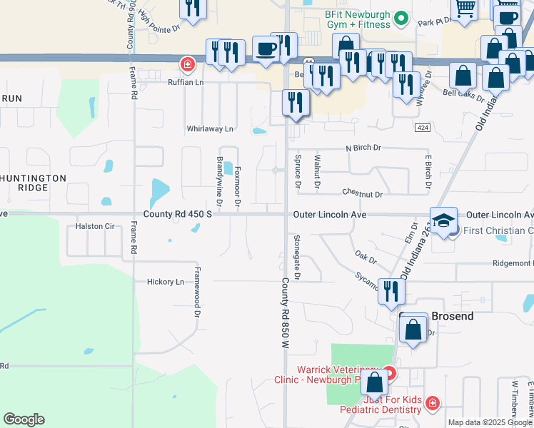 map of restaurants, bars, coffee shops, grocery stores, and more near 8532 County Road 450 South in Newburgh