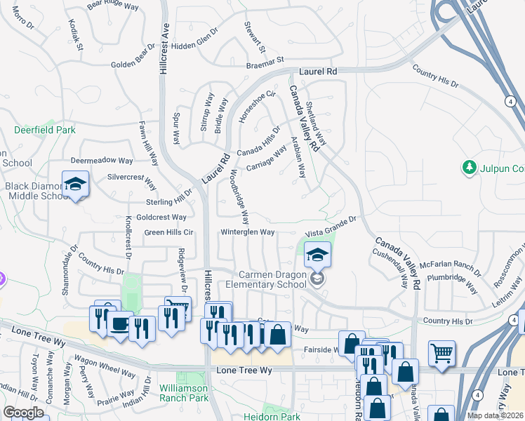 map of restaurants, bars, coffee shops, grocery stores, and more near 5121 Rodeo Court in Antioch