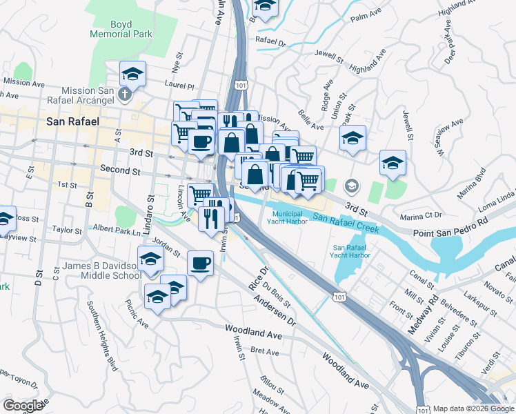 map of restaurants, bars, coffee shops, grocery stores, and more near 711 Grand Avenue in San Rafael