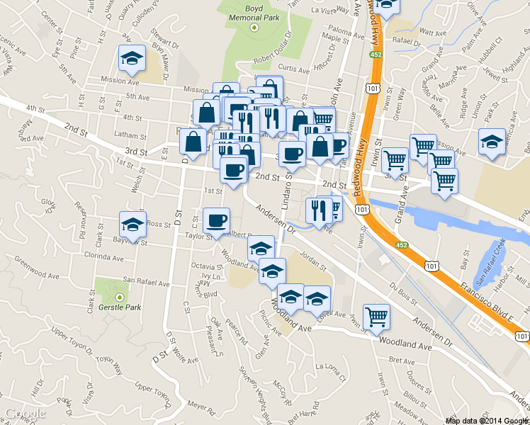 map of restaurants, bars, coffee shops, grocery stores, and more near 155 Andersen Drive in San Rafael