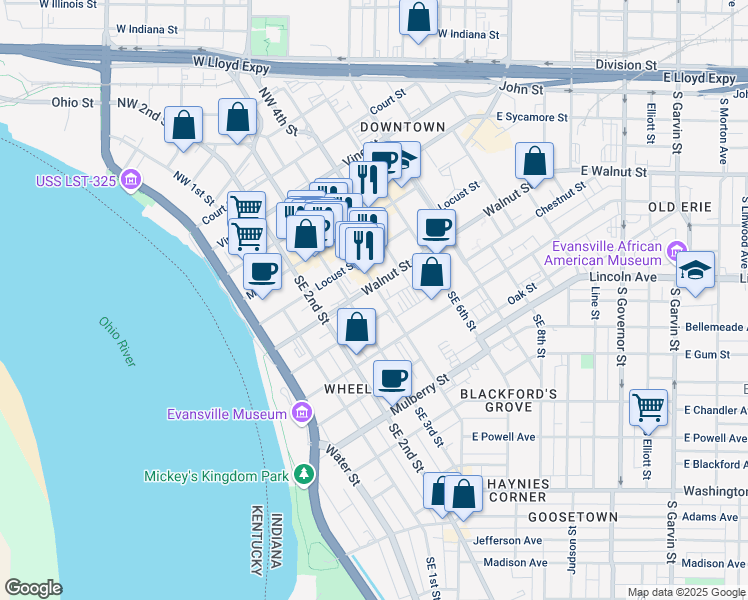 map of restaurants, bars, coffee shops, grocery stores, and more near 211 Southeast 4th Street in Evansville
