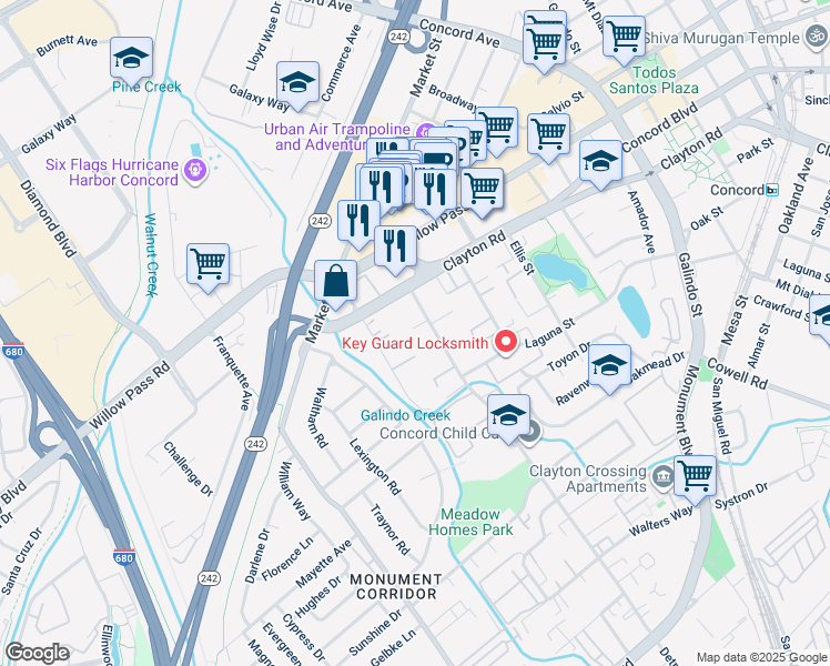 map of restaurants, bars, coffee shops, grocery stores, and more near 1711 Detroit Avenue in Concord