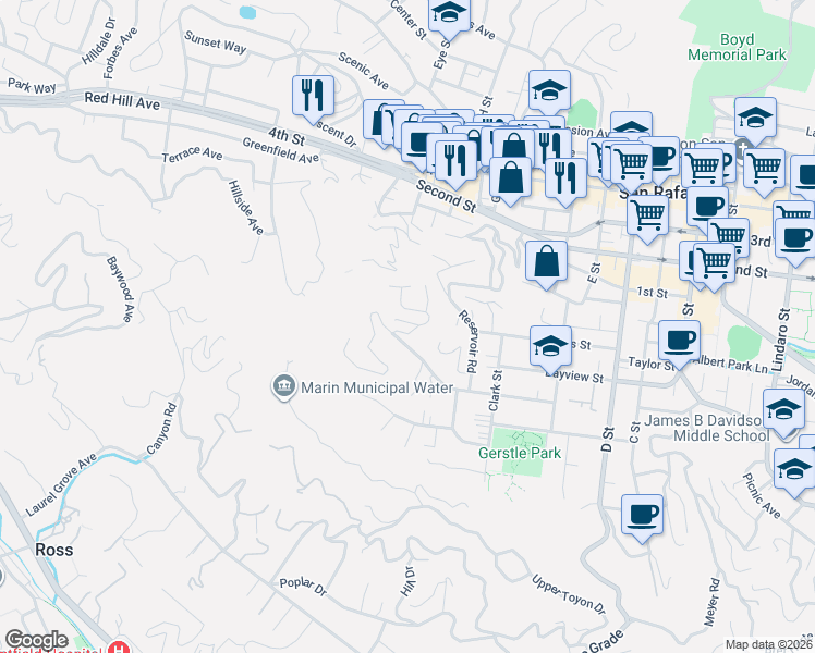 map of restaurants, bars, coffee shops, grocery stores, and more near 15 Gloria Drive in San Rafael