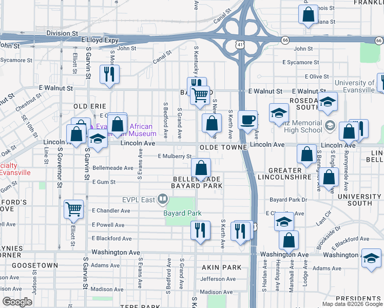 map of restaurants, bars, coffee shops, grocery stores, and more near 928 East Mulberry Street in Evansville