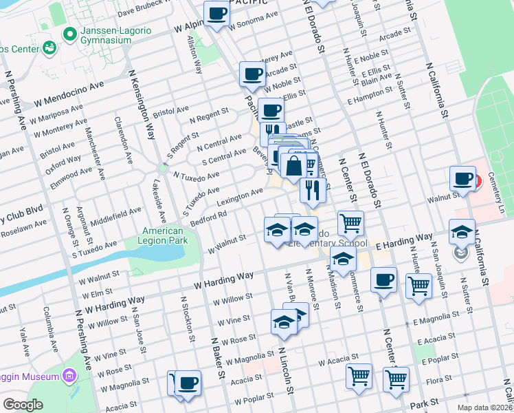 map of restaurants, bars, coffee shops, grocery stores, and more near 1869 Ramona Avenue in Stockton