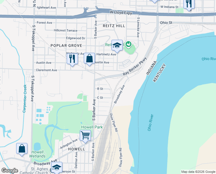 map of restaurants, bars, coffee shops, grocery stores, and more near 2813 B Street in Evansville