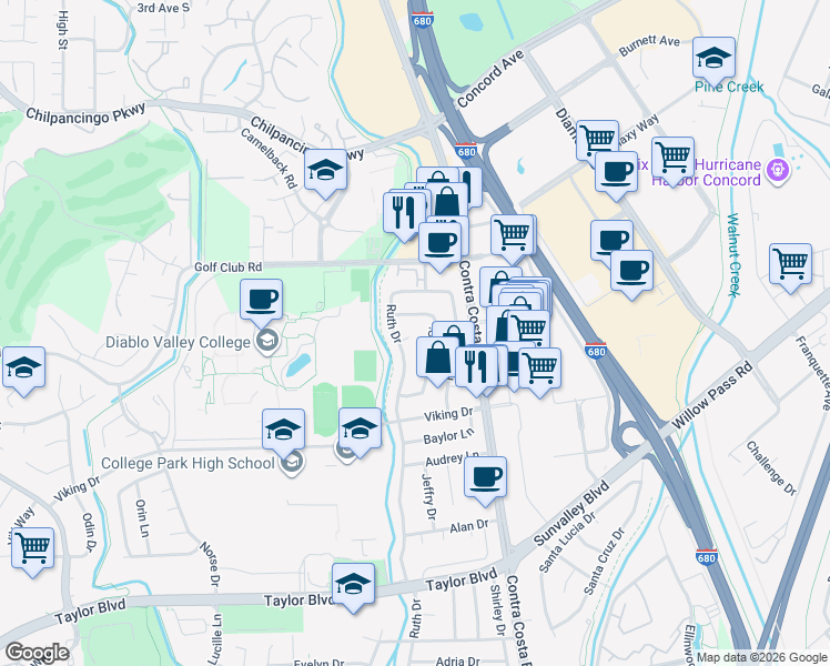 map of restaurants, bars, coffee shops, grocery stores, and more near 62 Fordham Court in Pleasant Hill