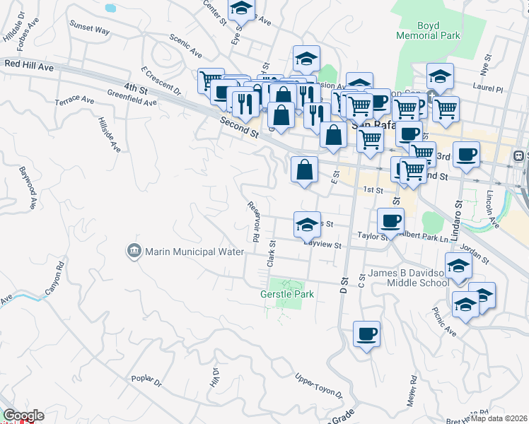 map of restaurants, bars, coffee shops, grocery stores, and more near 204 Ross Street in San Rafael
