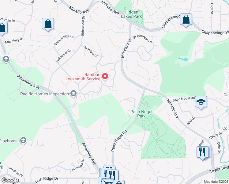 map of restaurants, bars, coffee shops, grocery stores, and more near 381 Ridgeview Drive in Pleasant Hill