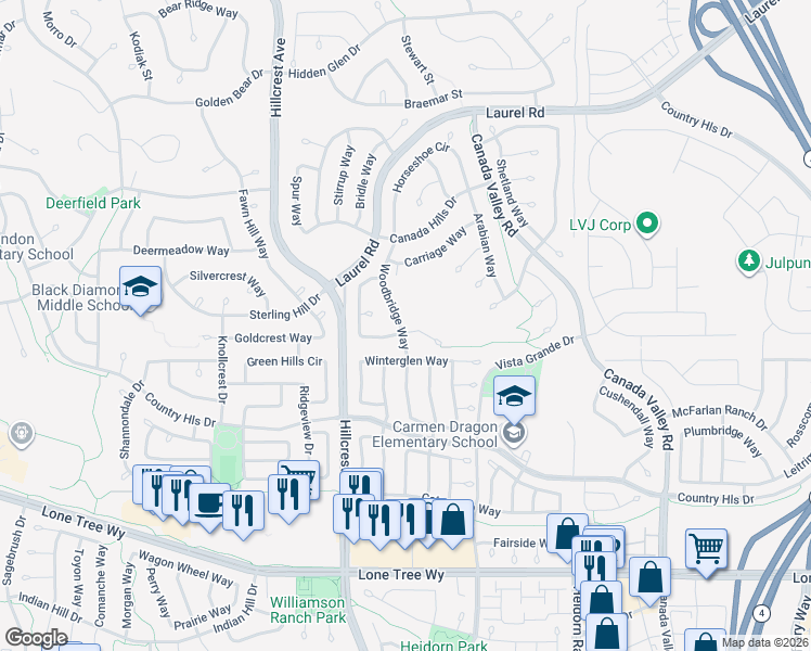 map of restaurants, bars, coffee shops, grocery stores, and more near 5101 Rodeo Court in Antioch