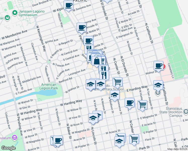map of restaurants, bars, coffee shops, grocery stores, and more near 1851 Concord Avenue in Stockton