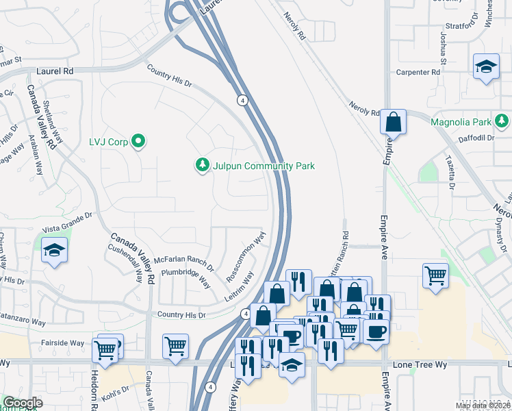 map of restaurants, bars, coffee shops, grocery stores, and more near John Marsh Heritage Highway in Brentwood