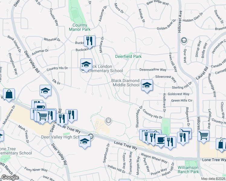 map of restaurants, bars, coffee shops, grocery stores, and more near 4667 Country Hills Drive in Antioch