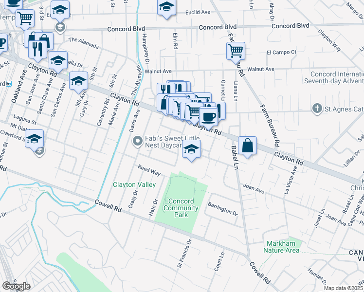map of restaurants, bars, coffee shops, grocery stores, and more near 114 Roslyn Drive in Concord