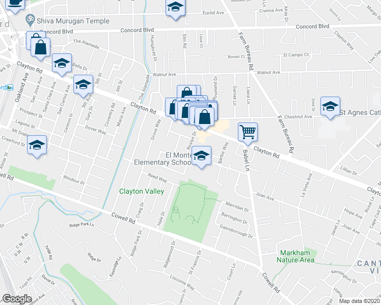 map of restaurants, bars, coffee shops, grocery stores, and more near 114 Roslyn Drive in Concord