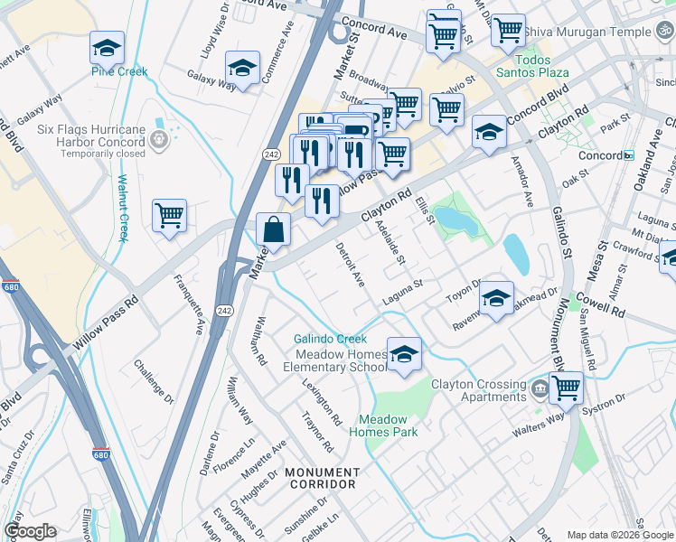map of restaurants, bars, coffee shops, grocery stores, and more near 1711 Detroit Avenue in Concord