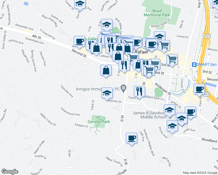 map of restaurants, bars, coffee shops, grocery stores, and more near 219 Marin Street in San Rafael