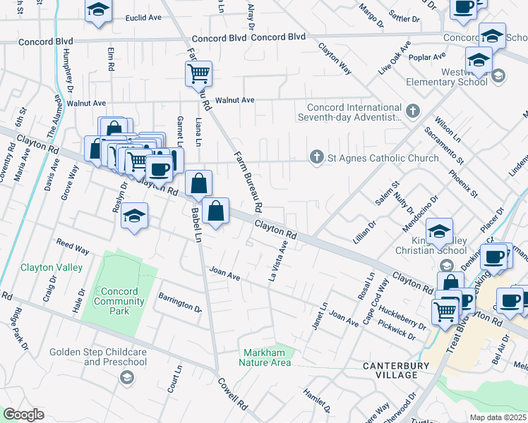map of restaurants, bars, coffee shops, grocery stores, and more near 3901 Clayton Road in Concord