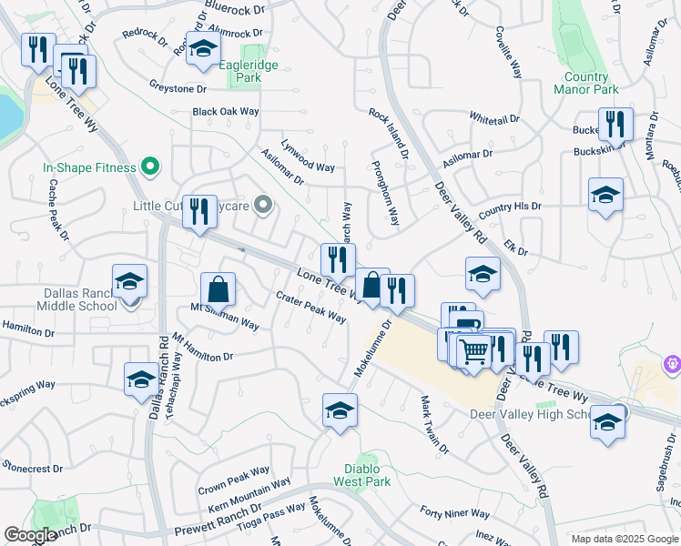 map of restaurants, bars, coffee shops, grocery stores, and more near 2208 Koa Court in Antioch