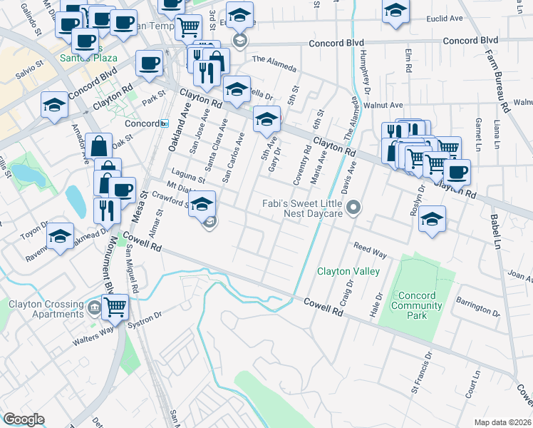 map of restaurants, bars, coffee shops, grocery stores, and more near 3113 Mount Diablo Street in Concord