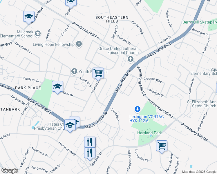 map of restaurants, bars, coffee shops, grocery stores, and more near 1450 Vintage Circle in Lexington