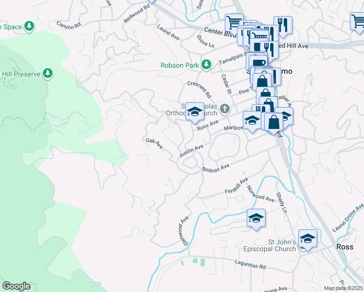 map of restaurants, bars, coffee shops, grocery stores, and more near 11 Sunnyside Avenue in San Anselmo