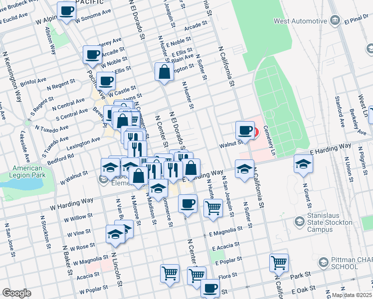 map of restaurants, bars, coffee shops, grocery stores, and more near 1700 North El Dorado Street in Stockton