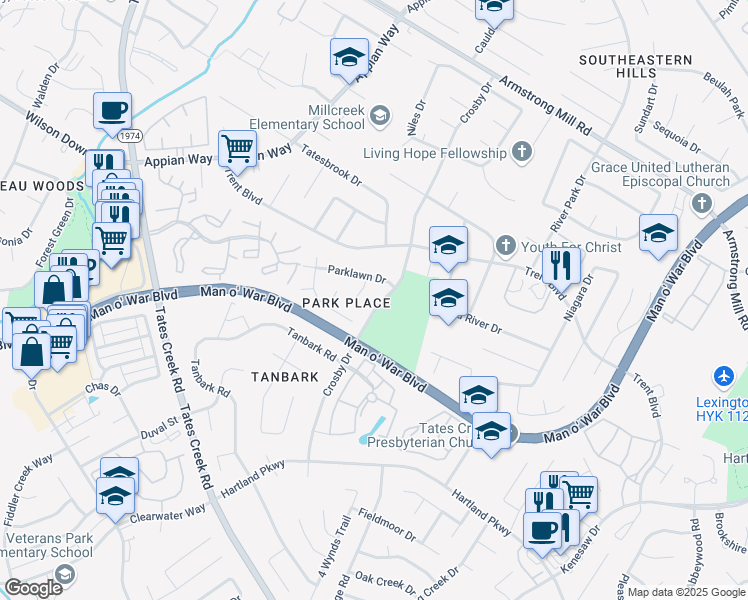map of restaurants, bars, coffee shops, grocery stores, and more near 3761 Crosby Drive in Lexington