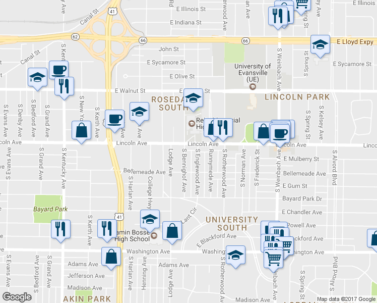 map of restaurants, bars, coffee shops, grocery stores, and more near 610 South Bennighof Avenue in Evansville