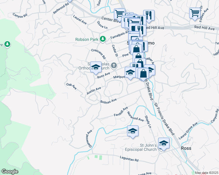 map of restaurants, bars, coffee shops, grocery stores, and more near 38 Kensington Road in San Anselmo