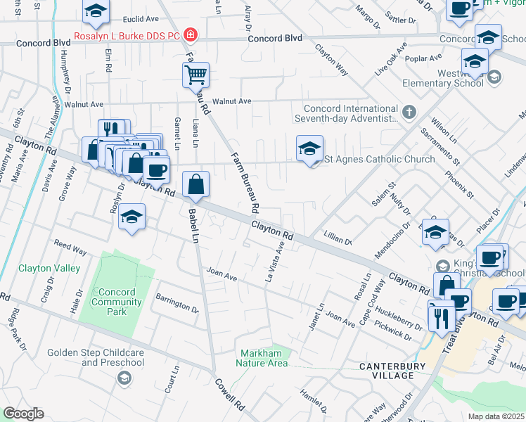 map of restaurants, bars, coffee shops, grocery stores, and more near 3901 Clayton Road in Concord