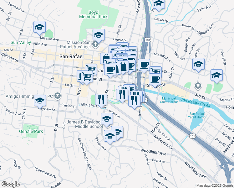 map of restaurants, bars, coffee shops, grocery stores, and more near 781 Lincoln Avenue in San Rafael
