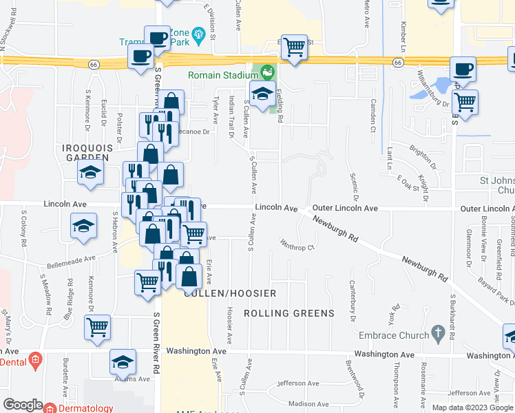 map of restaurants, bars, coffee shops, grocery stores, and more near 600 South Cullen Avenue in Evansville