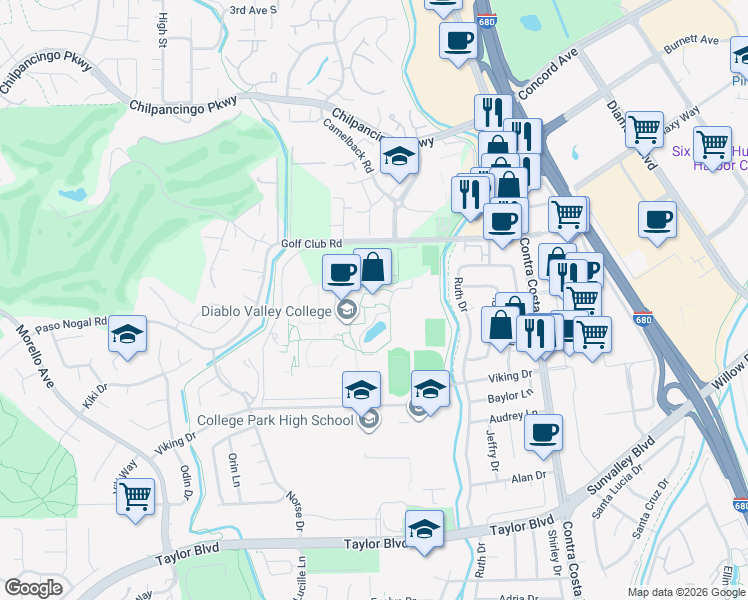 map of restaurants, bars, coffee shops, grocery stores, and more near 321 Golf Club Road in Pleasant Hill