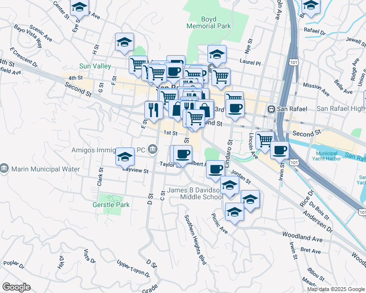 map of restaurants, bars, coffee shops, grocery stores, and more near 601 B Street in San Rafael