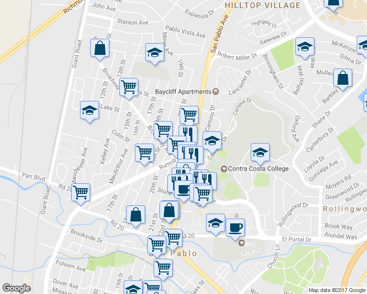 map of restaurants, bars, coffee shops, grocery stores, and more near 2718 21st Street in San Pablo