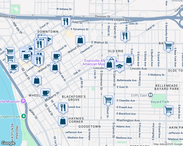 map of restaurants, bars, coffee shops, grocery stores, and more near 256e East Mulberry Street in Evansville