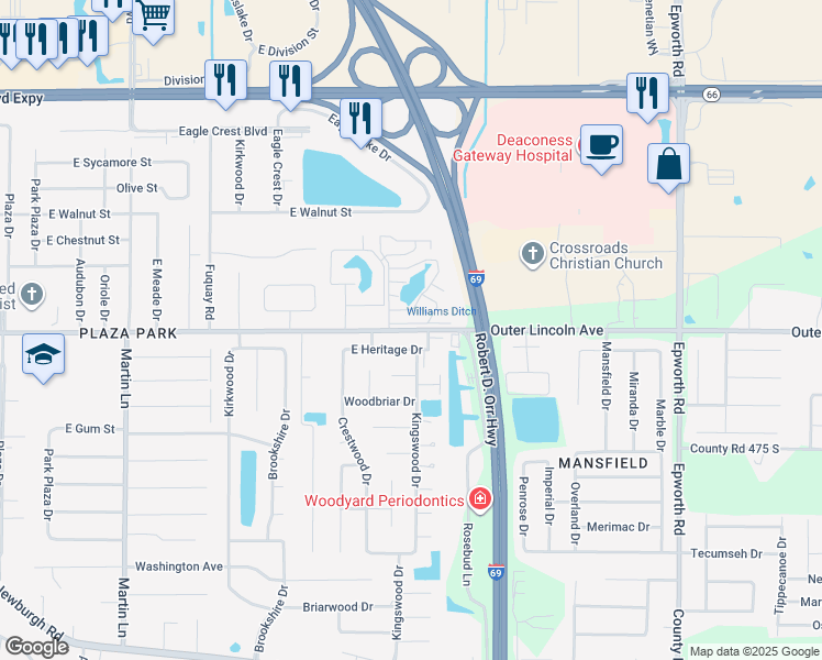 map of restaurants, bars, coffee shops, grocery stores, and more near 8376 Lincoln Avenue in Evansville