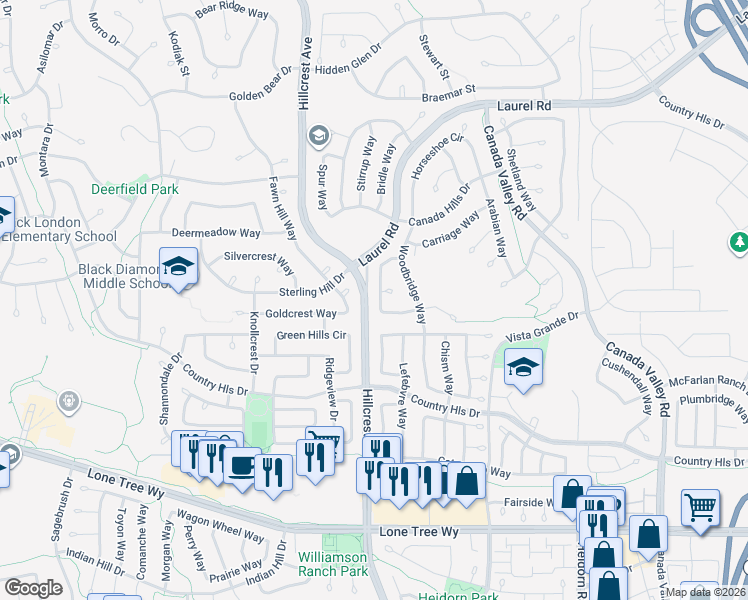 map of restaurants, bars, coffee shops, grocery stores, and more near 5048 Rodeo Circle in Antioch