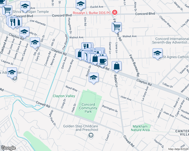map of restaurants, bars, coffee shops, grocery stores, and more near 3483 Chapman Way in Concord