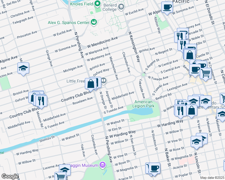 map of restaurants, bars, coffee shops, grocery stores, and more near 2249 North San Jose Street in Stockton