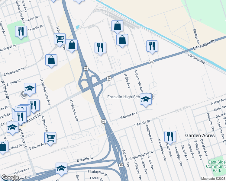 map of restaurants, bars, coffee shops, grocery stores, and more near 550 North Lillian Avenue in Stockton